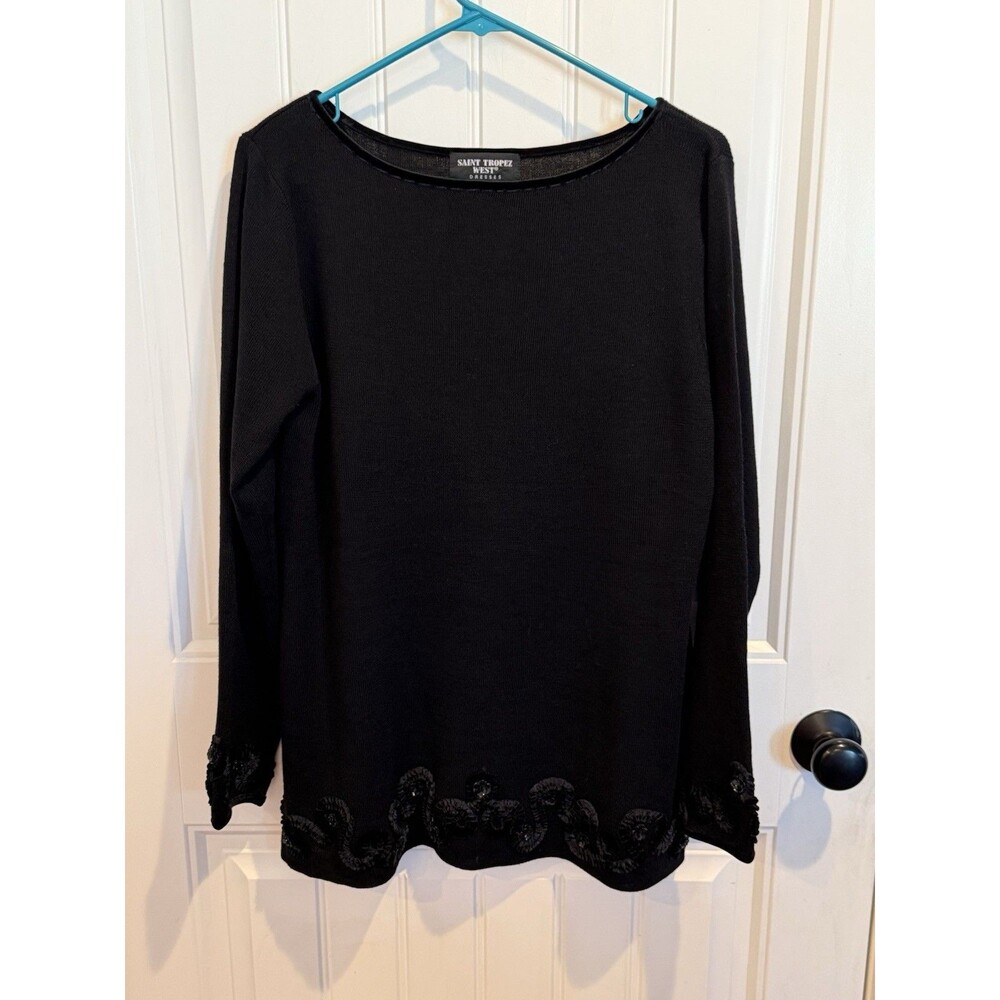 Saint Tropez West XL Black Wool Blend Sweater Velvet Satin Paisley Sequin